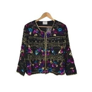 Drapers & Damons womens jacket 100% silk evening sequin floral size XL P Petite